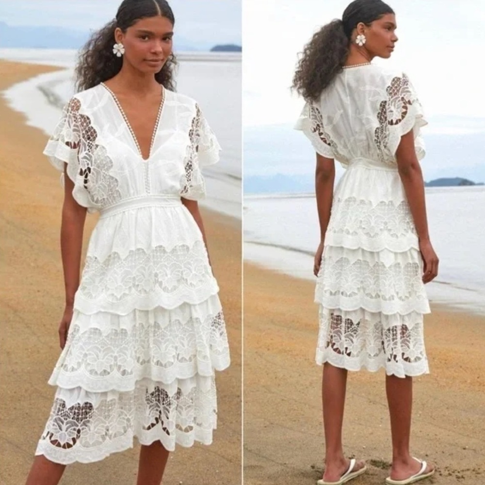 Farm Rio Richelieu Eyelet Tiered Midi Dress